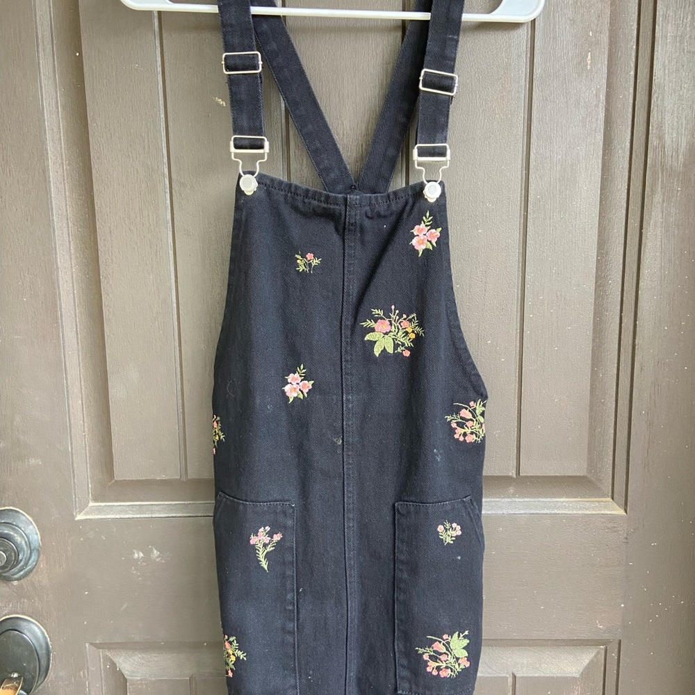 Floral Embroidered Black Overalls
